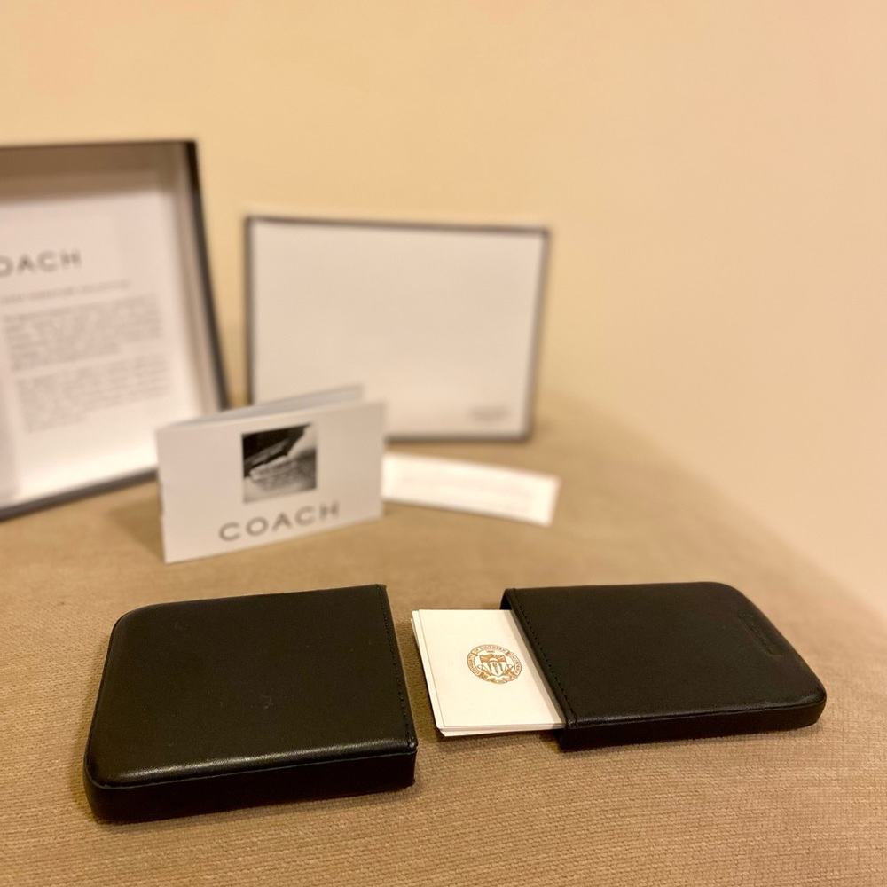 Coach black leather business card holder. Original box & care instructions.